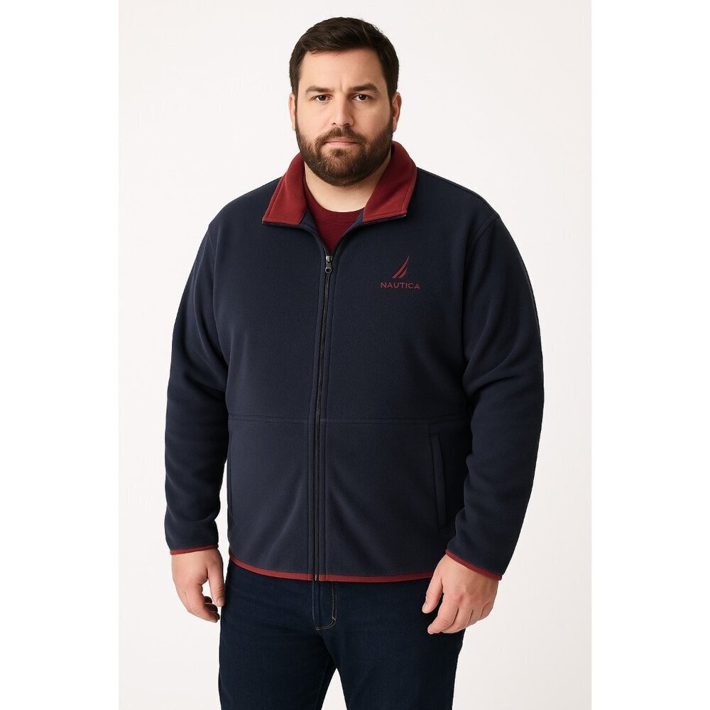 Nautica Men’s Fullzip Fleece Jacket -Navy/Maroon-Pockets-Sz XXL